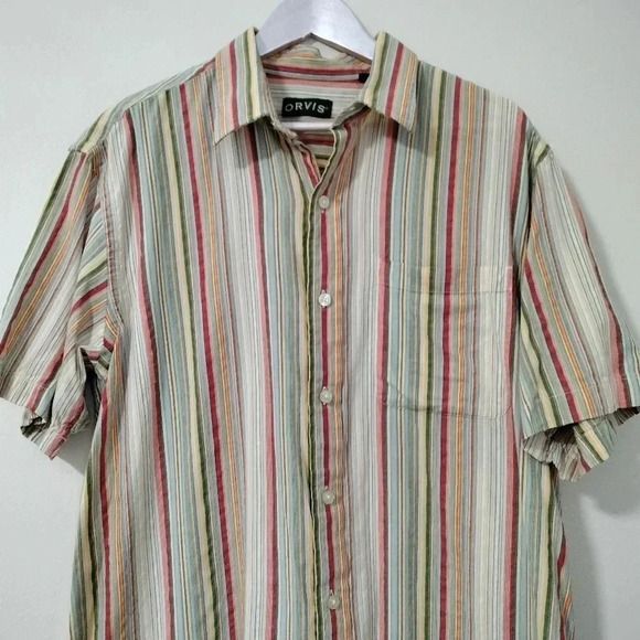 Men's Orvis Size Large Short Sleeves Striped Button Up Top Shirt Cotton - Picture 2 of 6